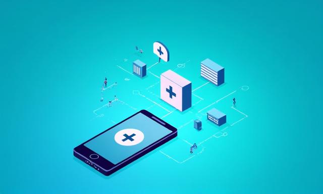 A smartphone showing a medical app connected to a secure hospital database icon.