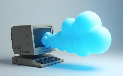 An old computer transforming into a new cloud icon.